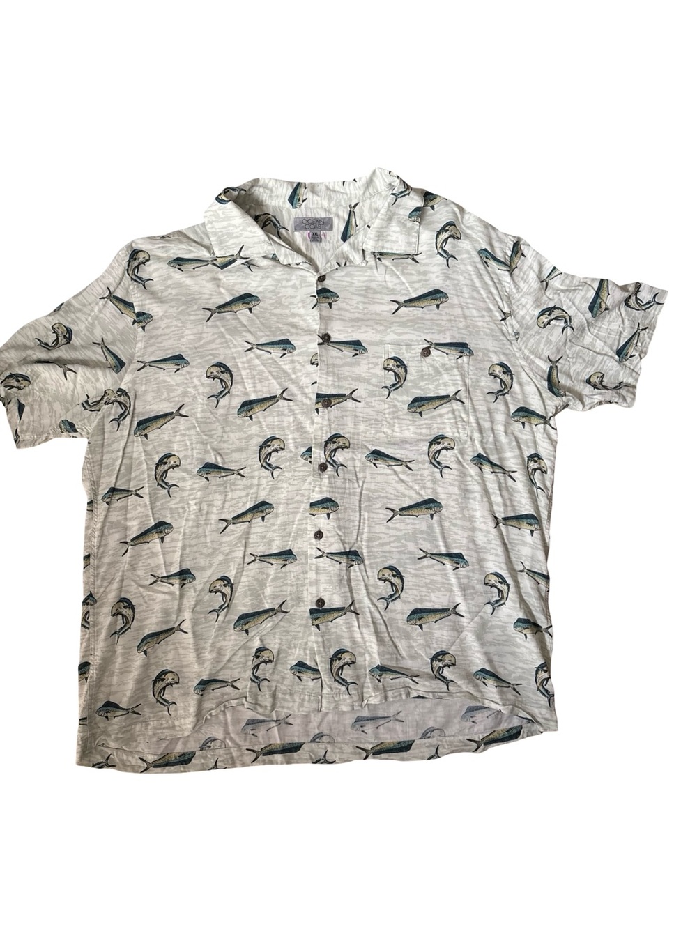 Casual Short-Sleeve Coastal Gray Fish Print Retro Button-Down Rayon Shirt 2XL